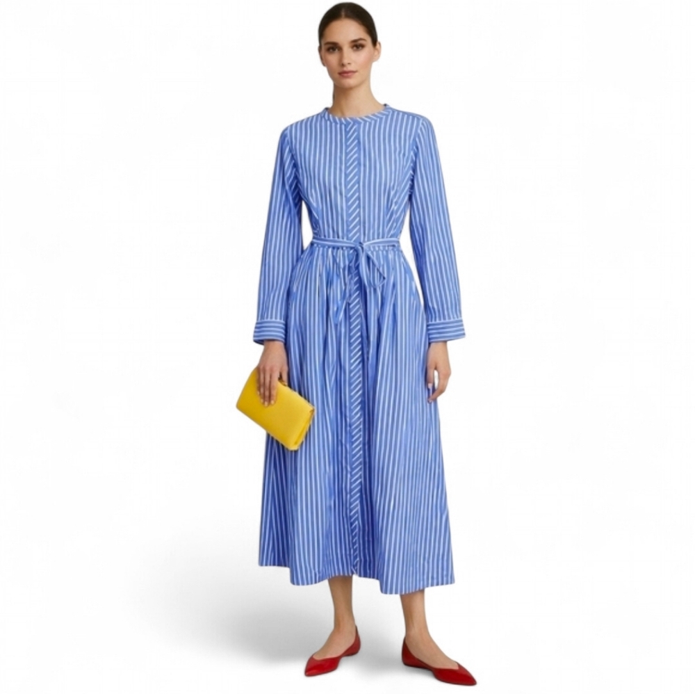 Cotton Long Sleeve Pleated Shirt Dress w Pockets